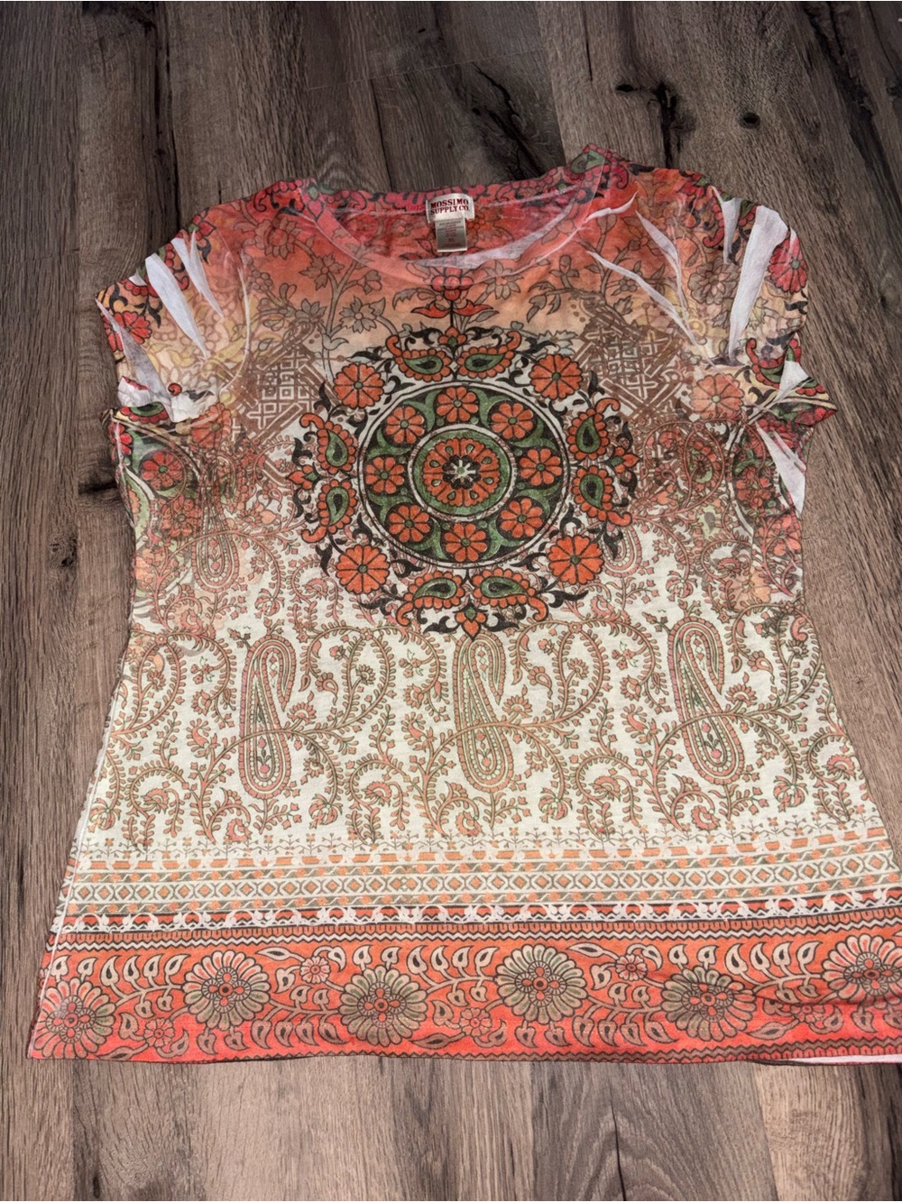 Y2K Mossimo Supply Co. Orange and Cream Boho Medallion Short Sleeve Top